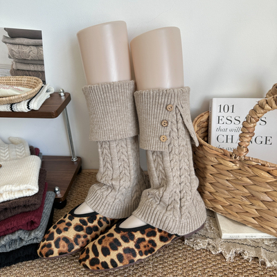 复古麻花灰色翻边纽扣腿套女休闲百搭加厚保暖叠穿打底裤堆堆袜套