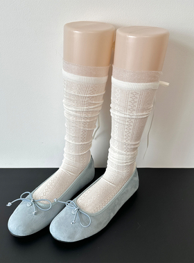 2025新爆款芭蕾风镂空小腿袜女春秋薄奶白色甜美蝴蝶结miu堆堆袜