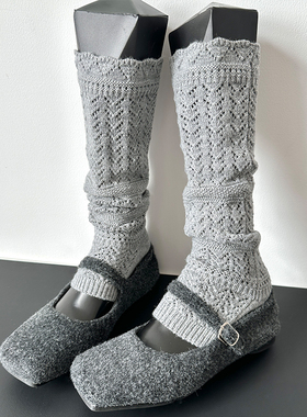 2025新爆款春季韩国镂空重工针织叠穿踩脚灰色袜套甜美中筒袜子女