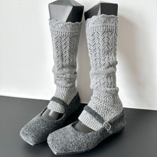 2025新爆款 韩国镂空重工针织叠穿踩脚灰色袜套甜美中筒袜子女 春季