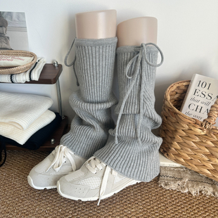 浅灰色竖纹绑带阔腿袜套秋冬格雷系腿套Y2K芭蕾风蝴蝶结堆堆袜子