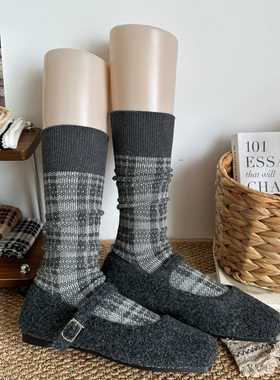 灰色秋冬棉质针织方格双针螺口防滑小腿袜miu风中筒袜子女ins袜子