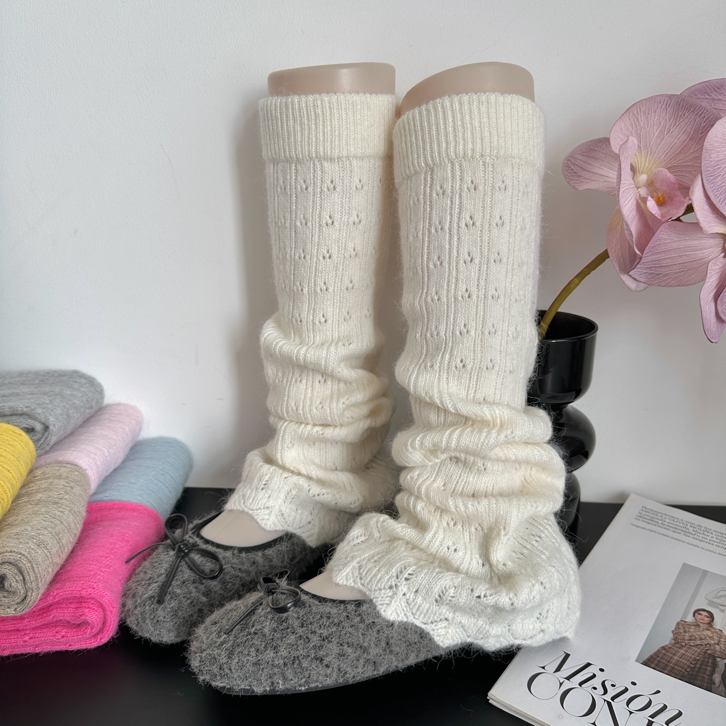 日系jk奶白色花边袜套女春秋镂空兔羊绒堆堆袜竖纹喇叭型显瘦腿套