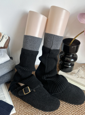 黑色袜套春秋开叉堆堆袜竖纹显瘦拼接小腿袜腿套y2k长袜配鲨鱼裤