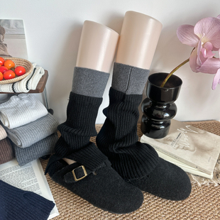 黑色袜套春秋开叉堆堆袜竖纹显瘦拼接小腿袜腿套y2k长袜配鲨鱼裤