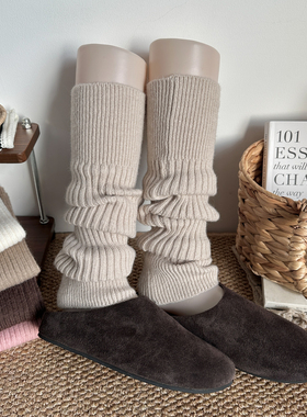 复古米驼色袜套女春秋冬款芭蕾风长筒堆堆袜子竖纹针织露趾小腿套