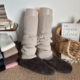 复古米驼色袜套女春秋冬款 芭蕾风长筒堆堆袜子竖纹针织露趾小腿套