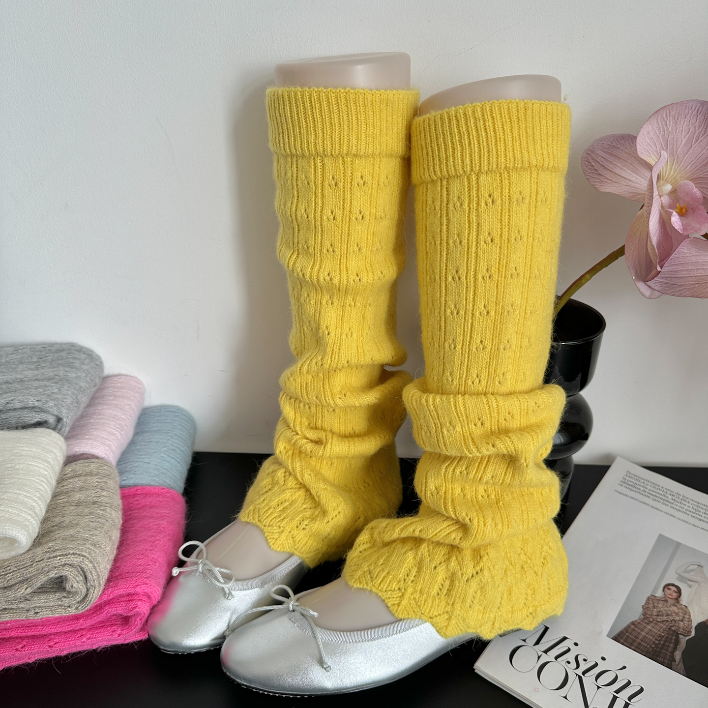 黄色袜套女秋冬兔羊绒堆堆袜辣妹针织微喇叭腿套镂空花边中筒袜子
