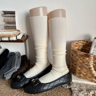 日系jk奶白色羊毛中筒堆堆袜女秋冬竖纹显瘦腿拼接卷边保暖高筒袜