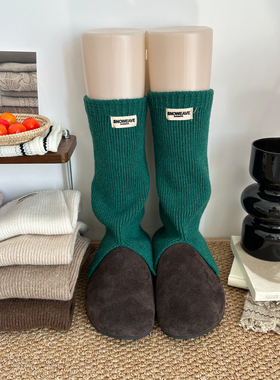 复古绿色堆堆袜套女秋冬布标开叉时髦叠穿小众中筒羊毛保暖小腿套