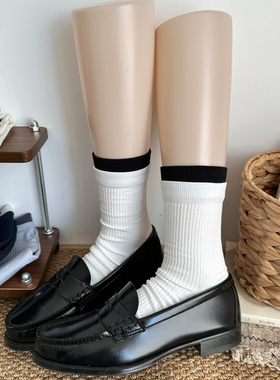 miu系撞色双罗口棉奶白袜子女中筒袜ins韩国秋冬款无骨堆堆袜长筒