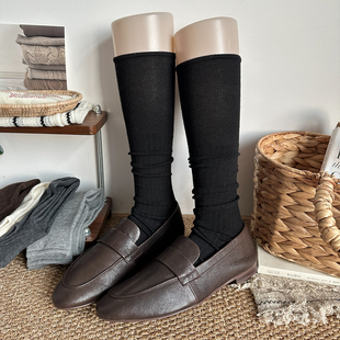 黑色中筒袜秋冬女日系过膝袜JK拼接百搭小腿袜长筒袜咖啡色堆堆袜