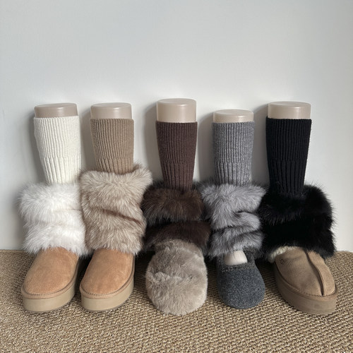 秋冬皮草y2k针织拼接毛毛袜套千禧辣妹灰色仿兔毛腿套保暖堆堆袜