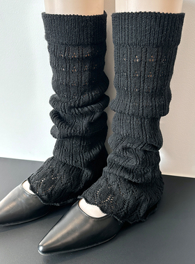 2025黑色针织袜套薄款镂空花纹中筒堆堆袜女春秋奶白色微喇叭腿套