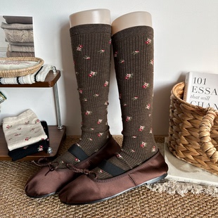 复古咖啡色碎花小腿袜女秋冬季 时髦百搭黑白灰色及膝美拉德中筒袜