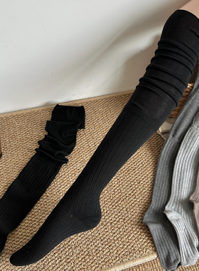 日系黑色小腿堆堆袜jk过膝长筒袜女春秋miu系灰色竖条纹外穿高筒