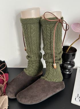 复古军绿色羊毛镂空针织小腿袜女秋冬季加厚保暖堆堆袜搭配雪地靴