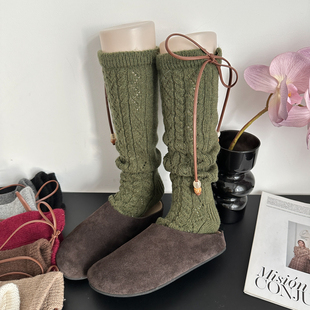 复古军绿色羊毛镂空针织小腿袜女秋冬季 加厚保暖堆堆袜搭配雪地靴