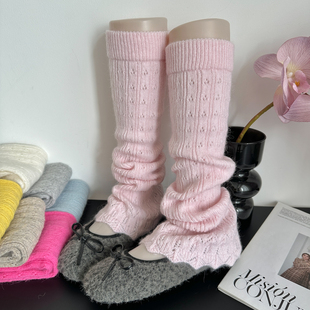 浅粉色秋冬保暖兔羊绒小腿套女纯色高级感显瘦微喇花边口堆堆袜套