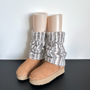 灰色毛绒腿套堆堆袜秋冬袜套条纹保暖外穿复古长筒加厚腿羊毛袜女