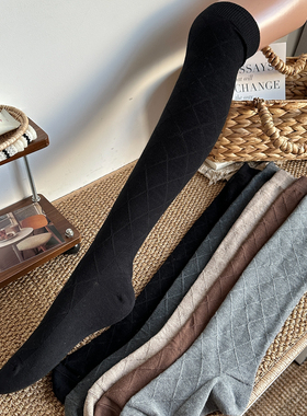 2025黑色堆堆袜女秋冬款菱格咖啡色过膝袜加厚显瘦深灰色长高筒袜