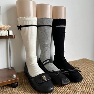 miu系灰色小腿袜女秋冬木耳边长筒袜修饰腿型蝴蝶结竖条白堆堆袜