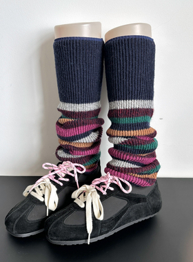藏青色秋冬款加厚保暖腿套女羊毛针织小腿拼色袜套撞色条纹中筒袜