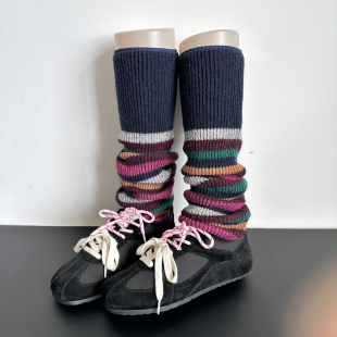 藏青色秋冬款 加厚保暖腿套女羊毛针织小腿拼色袜套撞色条纹中筒袜