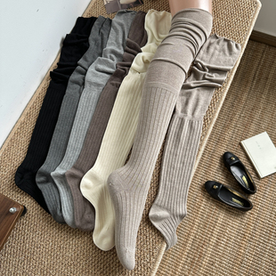 卡其色长筒袜女秋冬咖啡高筒袜奶白色大腿袜子日系miu拼接过膝袜