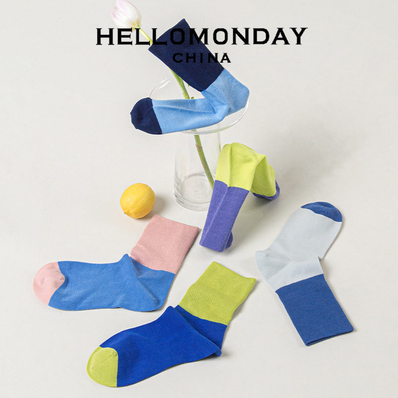 83989 hello monday克莱因蓝袜女ins潮学生中筒百搭撞色日系棉袜