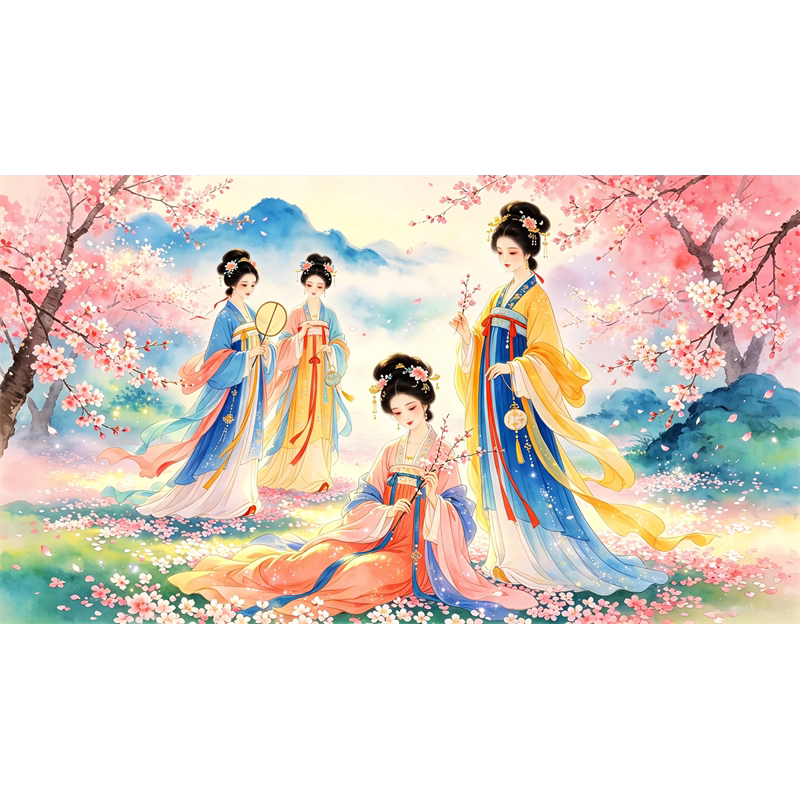 桃花下的仙女画客厅卧室床头背景古风美女贴纸海报防水自粘贴中式