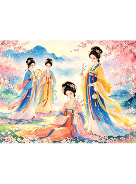 桃花下的仙女画客厅卧室床头背景古风美女贴纸海报防水自粘贴中式