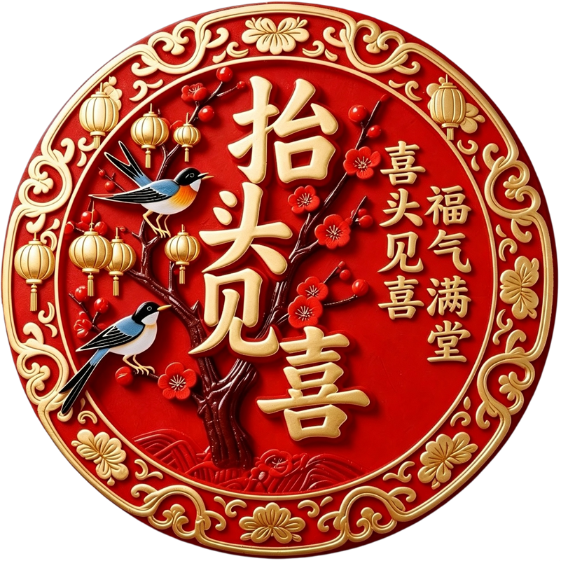 创意圆形抬头见喜贴画客厅卧室冰箱房门玻璃门柜好运贴纸防水自粘图片