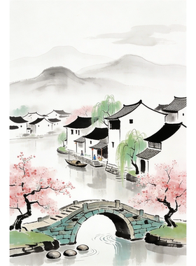 唯美江南小桥流水风景水墨画客厅卧室书房装饰贴画海报防水自粘贴