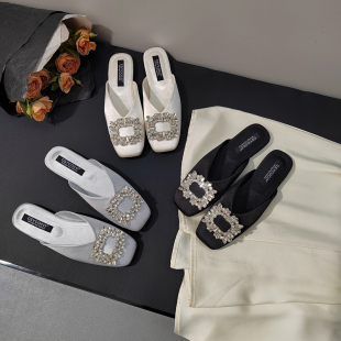 凉拖 甜美时尚 缎面穆勒鞋 女夏外穿水钻扣懒人舒适包头半拖鞋