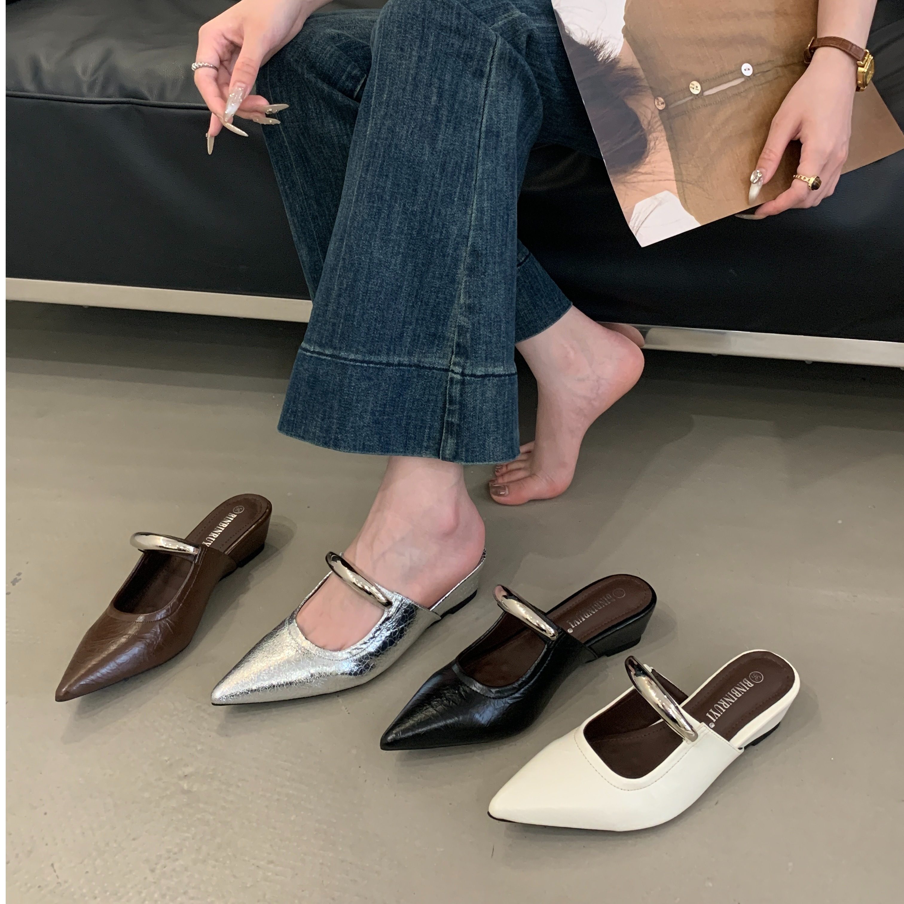 法式包头金属舒适坡跟半拖鞋女2026新款外穿懒人内增高尖头凉拖鞋,女鞋,包头拖,淘宝优惠券,粉丝福利购,淘宝优惠卷