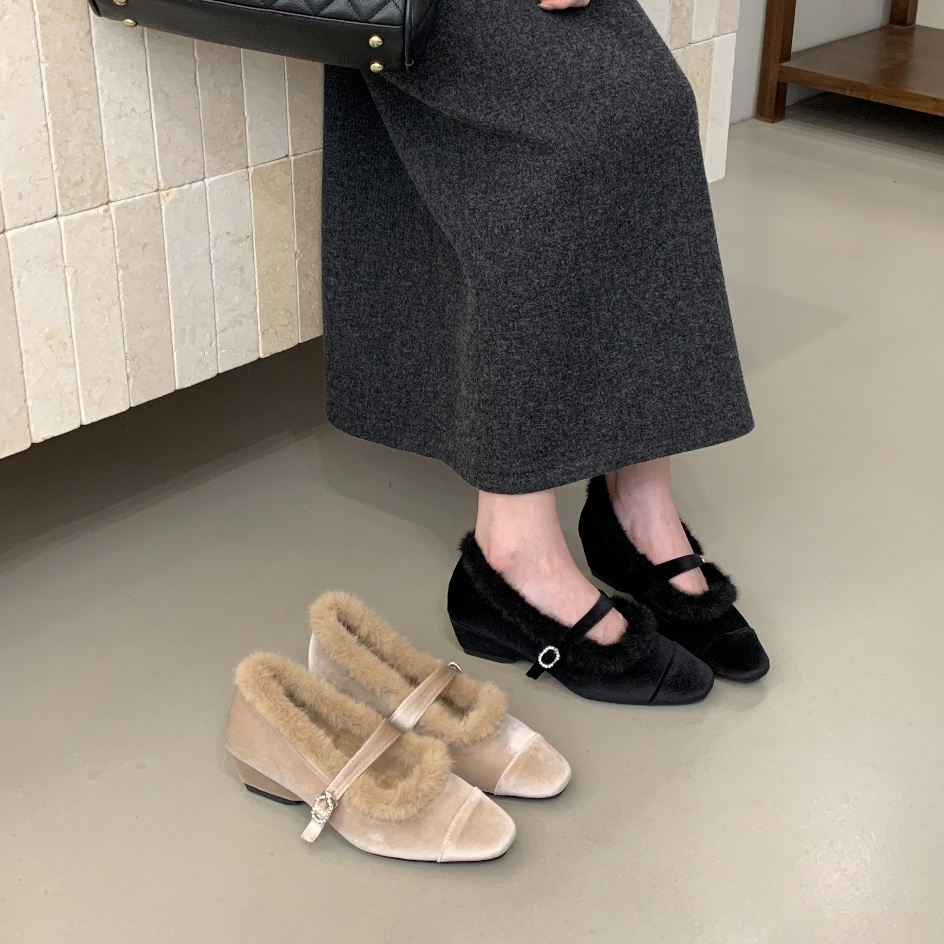 丝绒复古粗跟绝美玛丽珍鞋女2025方头秋冬新款加绒毛毛鞋,女鞋,毛毛鞋,淘宝优惠券,粉丝福利购,淘宝优惠卷