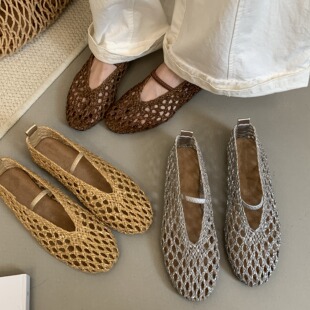 透气舒适浅口玛丽珍单鞋 镂空纯手工编织一字带网面平底鞋 2025夏款
