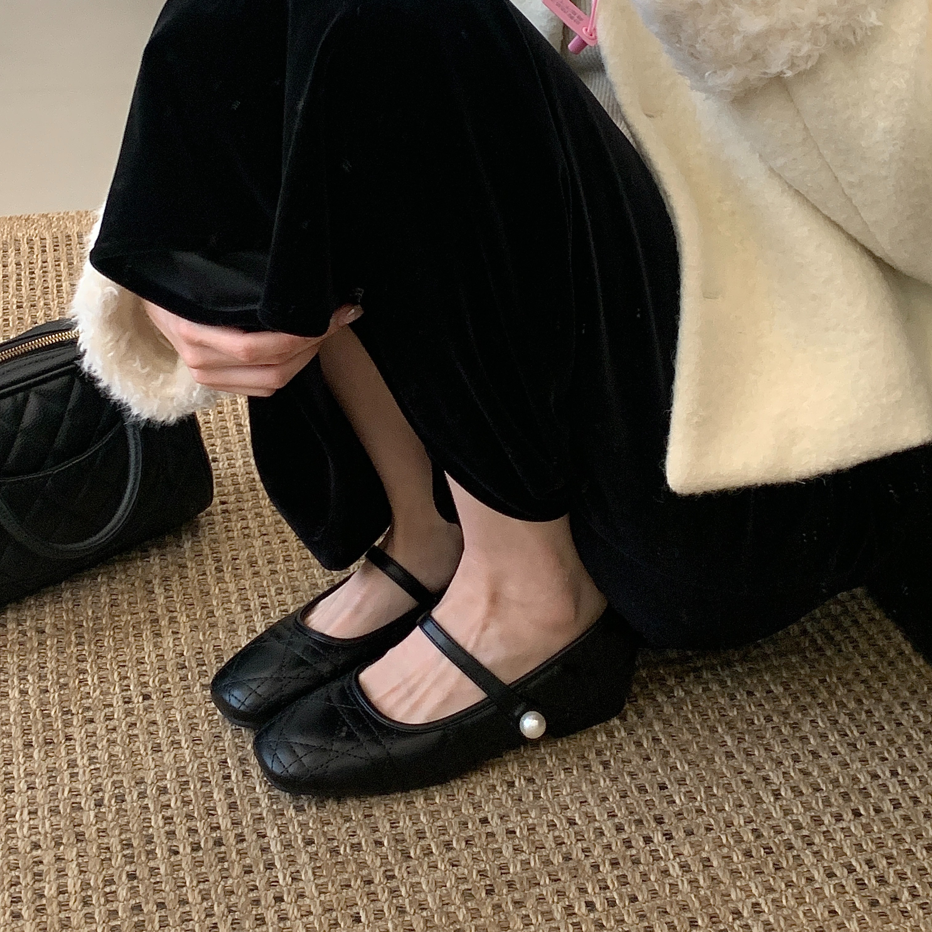 内增高法式气质珍珠魔术贴毛毛单鞋2025仙女配裙子加绒玛丽珍鞋