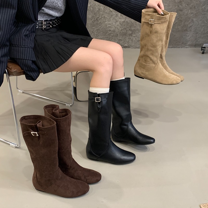 2025秋舒适内增高圆头中筒靴软糯绒面宽筒套筒靴子简约百搭户外靴
