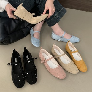 一字扣带平底单鞋 2025早春新款 复古丝绒铆钉满天星玛丽珍女鞋 韩版