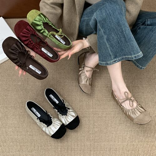 复古蝴蝶结平底圆头玛丽珍单鞋2025年春夏新款褶皱一字带奶奶鞋