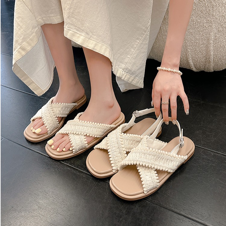 度假风交叉编织露趾外穿凉拖鞋女夏季平底露趾时尚凉鞋