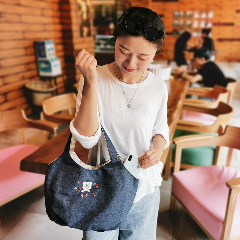 出口外贸田园小清新森女系复古牛仔碎花布艺手提包手拎包