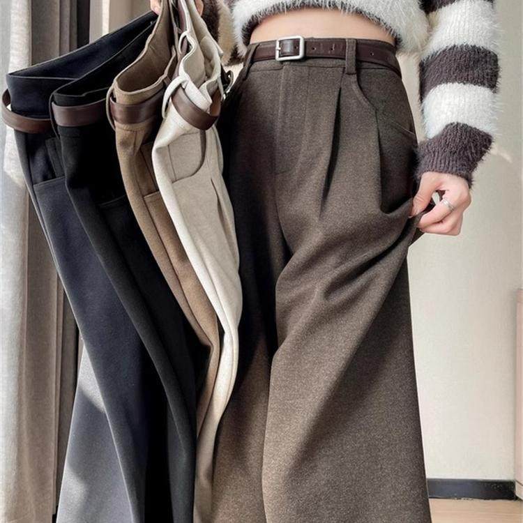 灰色毛呢西装裤女秋冬垂感加厚阔腿裤高腰直筒窄版休闲拖地裤