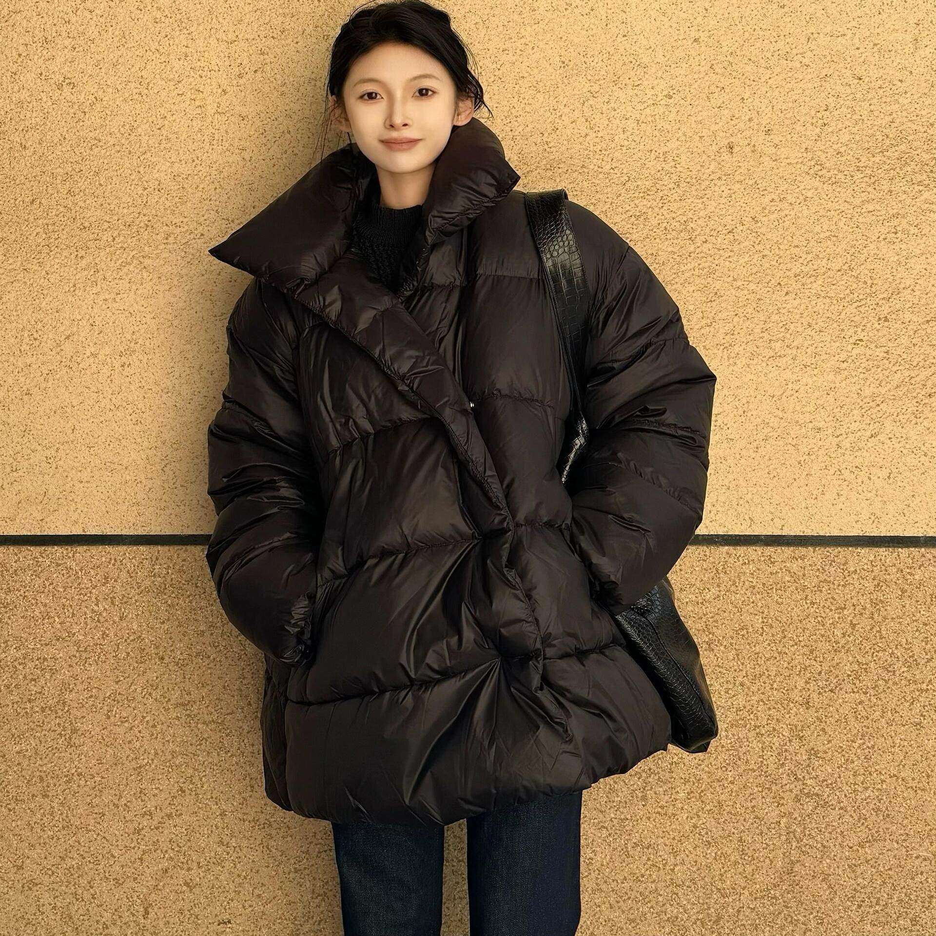 黑色羽绒服女冬季2025年新款韩版宽松加厚保暖中长款90白鸭绒外套