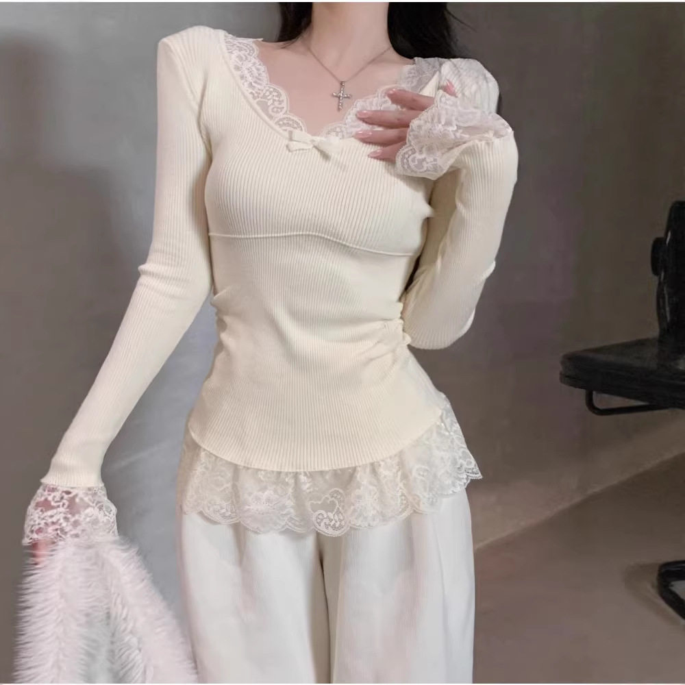 韩版蕾丝早春杏色长袖T恤女内搭修身显瘦纯欲外搭打底衫,女装/女士精品,T恤,淘宝优惠券,粉丝福利购,淘宝优惠卷