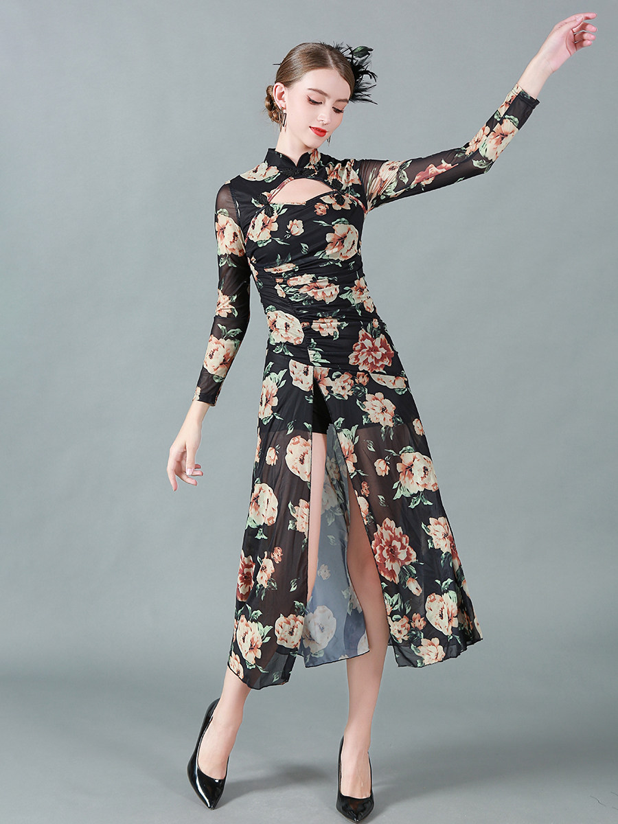 클래식 감성 긴팔 스탠드 칼라 신축성 있는 장미 프린트 스판덱스 댄스 공연 중국 스타일 7부 메쉬 치파오