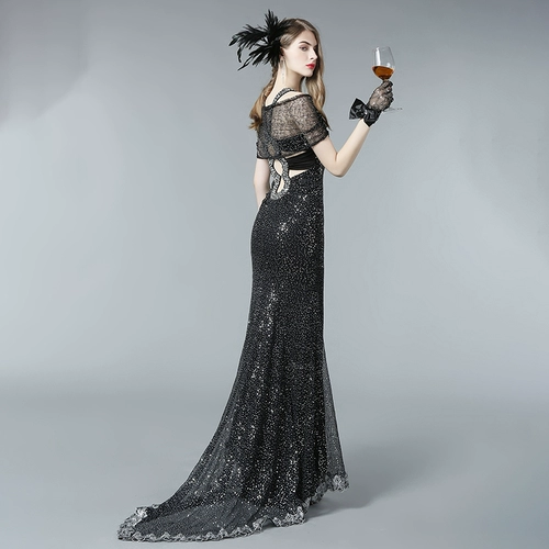 Сексуальные акриловые блестки для ногтей, черное вечернее платье, коллекция 2022, V-образный вырез, с открытой спиной