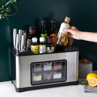 调料盒厨房置物架多功能带盖套装刀架筷子筒一体不锈钢台面收纳盒